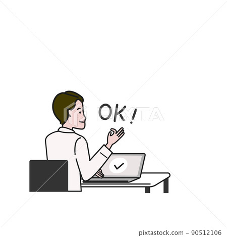 White background line drawing vector illustration of a business person sitting facing a computer and signing OK with a smile White background line drawing vector illustration of a business person sitting facing a computer and signing OK with a smile 90512106