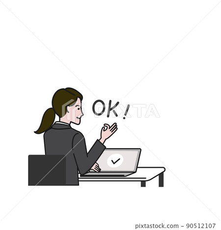 White background line drawing vector illustration of a business person sitting facing a computer and signing OK with a smile White background line drawing vector illustration of a business person sitting facing a computer and signing OK with a smile 90512107