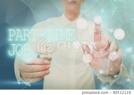 Text caption presenting Part Time Job. Business showcase Weekender Freelance Casual OJT Neophyte Stint Seasonal Lady holding light bulb pointing finger upwards symbolizing success. 90512119
