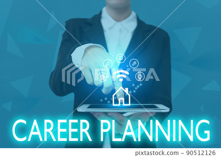 Text caption presenting Career Planning. Concept meaning Strategically plan your career goals and work success Lady Pressing Screen Of Mobile Phone Showing The Futuristic Technology 90512126