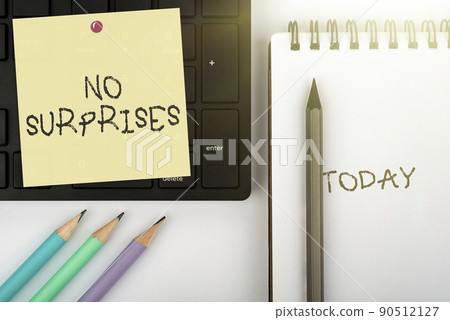 Writing displaying text No Surprises. Word for Presupposed Eventual Destined Traditional Set The Usual Computer Keyboard And Symbol.Information Medium For Communication. 90512127