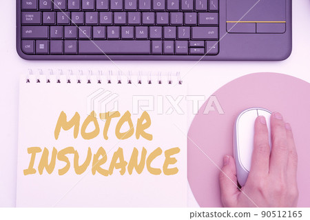 Handwriting text Motor Insurance. Business idea Provides financial compensation to cover any injuries Office Supplies Over Desk With Keyboard And Glasses And Coffee Cup For Working 90512165