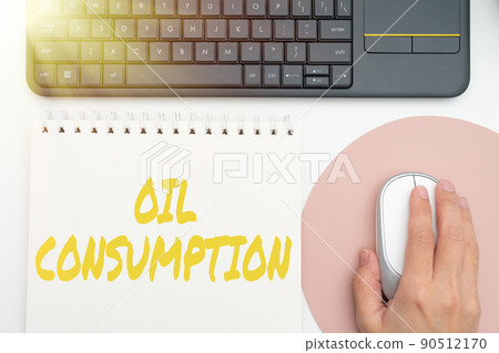 Handwriting text Oil Consumption. Word for This entry is the total oil consumed in barrels per day Office Supplies Over Desk With Keyboard And Glasses And Coffee Cup For Working 90512170
