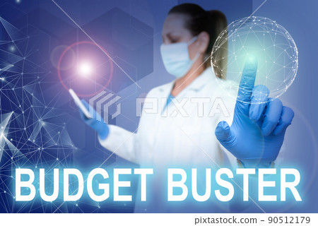 Text caption presenting Budget Buster. Business idea Carefree Spending Bargains Unnecessary Purchases Overspending Nurse in uniform pointing upwards represents global innovative thinking. 90512179
