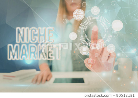 Conceptual display Niche Market. Concept meaning Subset of the market on which specific product is focused Lady in suit pointing finger upwards symbolizing successful teamwork. Conceptual display Niche Market. Concept meaning Subset of the market on which specific product is focused Lady in suit pointing finger upwards symbolizing successful teamwork. 90512181