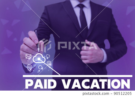Text sign showing Paid Vacation. Business idea Sabbatical Weekend Off Holiday Time Off Benefits Man holding Screen Of Mobile Phone Showing The Futuristic Technology. Text sign showing Paid Vacation. Business idea Sabbatical Weekend Off Holiday Time Off Benefits Man holding Screen Of Mobile Phone Showing The Futuristic Technology. 90512205