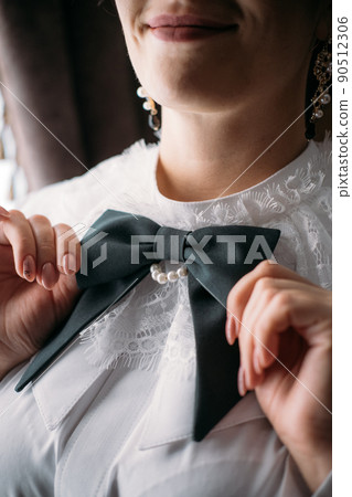 Close up woman in vintage blouse costume. Edwardian Victorian Epoque dress 90512306