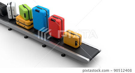 Airport luggage conveyor belt or manufacture line with baggages on white. 90512408