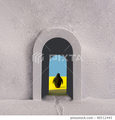 a penguin in the passage between cold and warm climates. The idea of global warming. a penguin in the passage between cold and warm climates. The idea of global warming. 90512445
