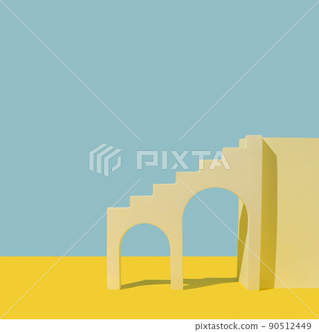 Creative composition of geometric shapes, arch with stairs, on yellow and blue backgrounds Creative composition of geometric shapes, arch with stairs, on yellow and blue backgrounds 90512449