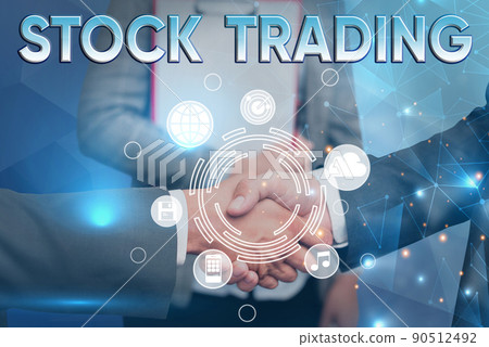 Text caption presenting Stock Trading. Business overview Buy and Sell of Securities Electronically on the Exchange Floor Handshake presenting innovative plan ideas symbolizing successful teamwork. 90512492