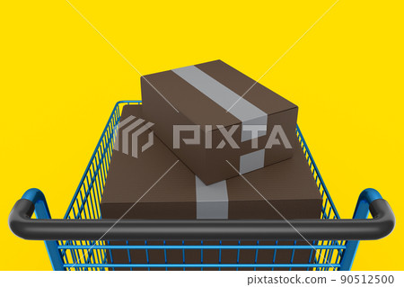 Shopping cart or trolley with cardboard boxes on yellow background. Shopping cart or trolley with cardboard boxes on yellow background. 90512500