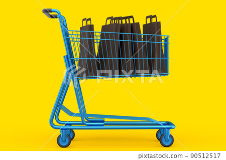 Shopping cart or trolley with shopping bag on yellow background. 90512517