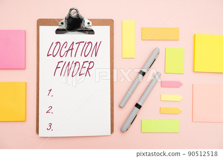 Handwriting text Location Finder. Business approach A service featured to find the address of a selected place Multiple Assorted Collection Office Stationery Photo Placed Over Table 90512518