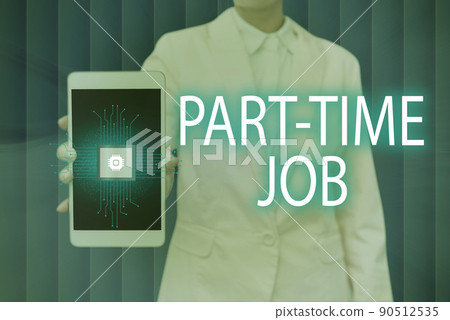 Sign displaying Part Time Job. Business overview Weekender Freelance Casual OJT Neophyte Stint Seasonal Lady Pressing Screen Of Mobile Phone Showing The Futuristic Technology 90512535