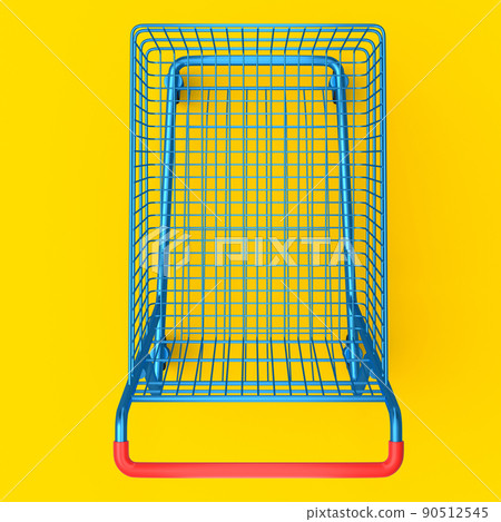 Shopping cart or trolley for groceries on yellow background. Shopping cart or trolley for groceries on yellow background. 90512545