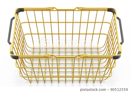 Metal wire basket from supermarket for online shopping on white background. 90512559