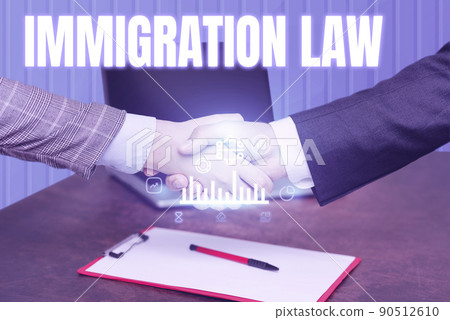 Conceptual display Immigration Law. Business approach Emigration of a citizen shall be lawful in making of travel Hands Shaking Signing Contract Unlocking New Futuristic Technologies. 90512610