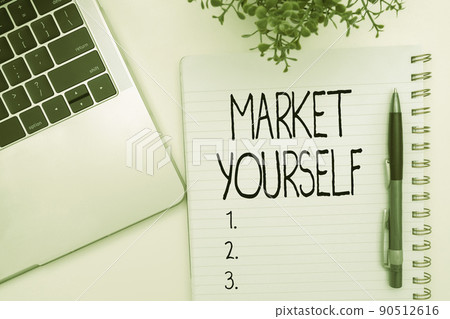 Handwriting text Market Yourself. Conceptual photo Making yourself for any kind of task and project in life Office Supplies Over Desk With Keyboard And Glasses And Coffee Cup For Working 90512616