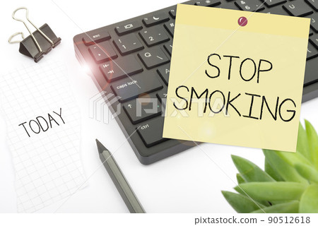 Conceptual caption Stop Smoking. Business concept Discontinuing or stopping the use of tobacco addiction Computer Keyboard And Symbol.Information Medium For Communication. 90512618