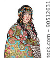 Tibetan woman painting isolated on white background in traditional ethnic dress 90512631