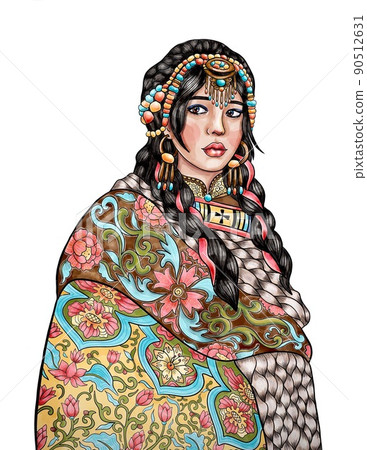 Tibetan woman painting isolated on white background in traditional ethnic dress Tibetan woman painting isolated on white background in traditional ethnic dress 90512631