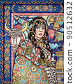 Tibetan woman in traditional dress with yak and ornamental background, illustration 90512632