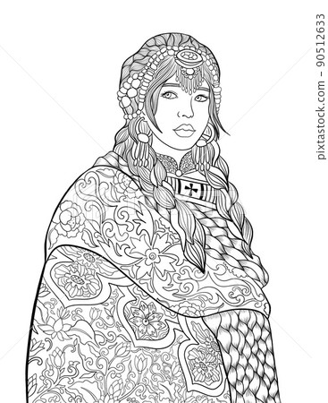Tibetian woman adult coloring book page isolated on white background Tibetian woman adult coloring book page isolated on white background 90512633