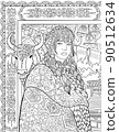 Tibetian woman adult coloring book page with yak animal and ornamental bakground 90512634