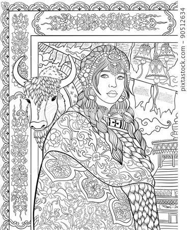 Tibetian woman adult coloring book page with yak animal and ornamental bakground 90512634