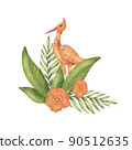 Heron bird with leaves and flowers clipart illustration isolated on white background 90512635