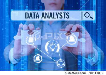 Text caption presenting Data Analysts. Concept meaning Programmer Design and Create Report Identifies patterns Lady in suit holding two puzzle pieces representing innovative thinking. 90513012