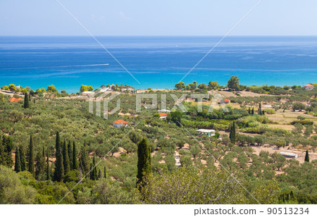 Mediterranean summer landscape. Coastal view of Greek island Mediterranean summer landscape. Coastal view of Greek island 90513234