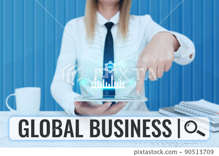 Writing displaying text Global Business. Business approach Trade and business system a company doing across the world Lady Pressing Screen Of Mobile Phone Showing The Futuristic Technology 90513709
