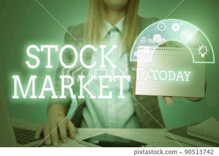 Text showing inspiration Stock Market. Concept meaning Particular market where stocks and bonds are traded or exhange Lady in suit holding notepad representing innovative thinking. 90513742