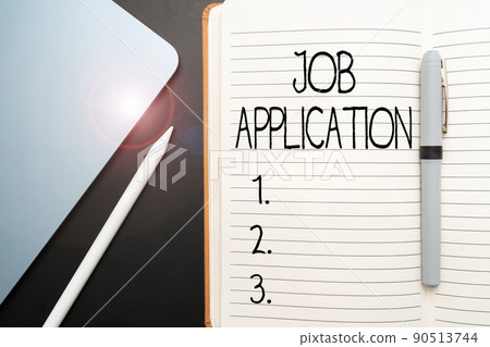Writing displaying text Job Application. Business showcase The standard business document serves a number of purposes Office Supplies Over Desk With Keyboard And Glasses And Coffee Cup For Working 90513744