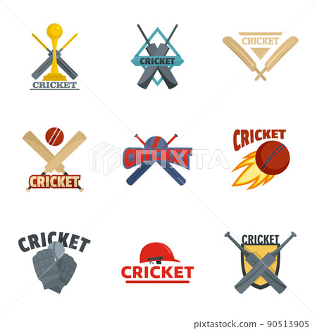 Cricket sport ball bat logo icons set, flat style 90513905