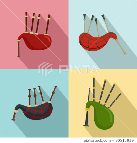 Bagpipes scotland scottish icons set, flat style Bagpipes scotland scottish icons set, flat style 90513939