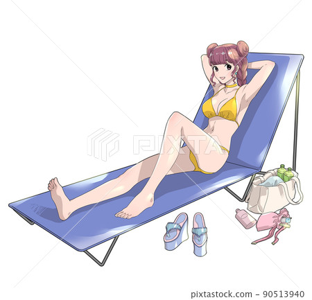 A woman in a bikini swimsuit lying on a beach chair with accessories A woman in a bikini swimsuit lying on a beach chair with accessories 90513940