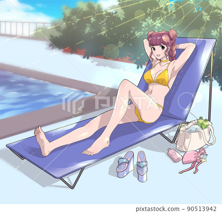 A woman in a bikini swimsuit lying on a beach chair by the pool 90513942