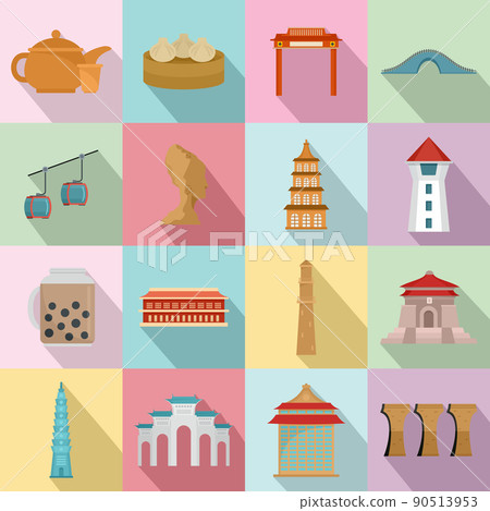 Taipei taiwan city skyline icons set, flat style Taipei taiwan city skyline icons set, flat style 90513953