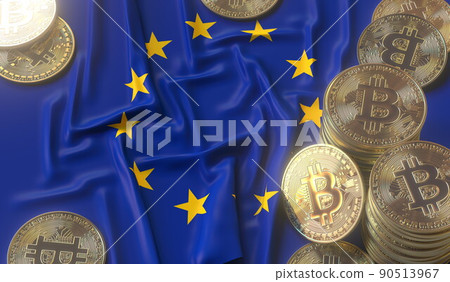 Bitcoin tokens and flag of the European Union EU. Cryptocurrency related 3D rendering Bitcoin tokens and flag of the European Union EU. Cryptocurrency related 3D rendering 90513967