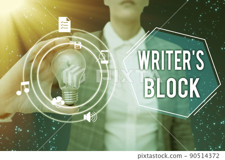 Inspiration showing sign Writer S Block. Business showcase Condition of being unable to think of what to write Lady in suit holding light bulb representing innovative thinking. 90514372