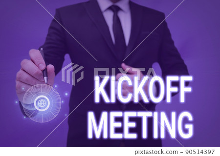 Text showing inspiration Kickoff Meeting. Word Written on Special discussion on the legalities involved in the project Man holding Screen Of Mobile Phone Showing The Futuristic Technology. 90514397