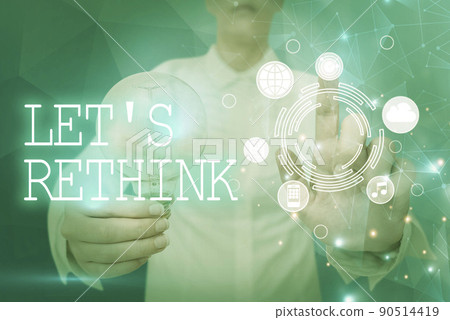 Writing displaying text Let S Rethink. Business approach an Afterthought To Remember Reconsider Reevaluate Lady holding light bulb pointing finger upwards symbolizing success. 90514419