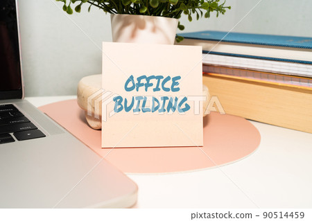 Inspiration showing sign Office Building. Business showcase Commercial buildings are used for commercial purposes Office Supplies Over Desk With Keyboard And Glasses And Coffee Cup For Working 90514459