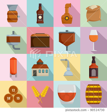 Whisky bottle glass icons set, flat style 90514730