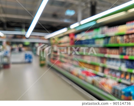Grocery store blur bokeh background - shoppers at grocery store with defocused lights. 90514736