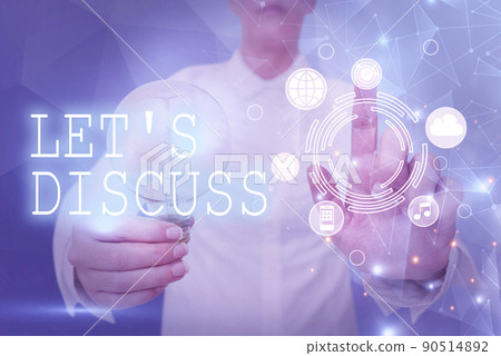 Text showing inspiration Let S Discuss. Business idea Permit to Talk Open Up Go Over a Topic Chat Sharing Lady holding light bulb pointing finger upwards symbolizing success. Text showing inspiration Let S Discuss. Business idea Permit to Talk Open Up Go Over a Topic Chat Sharing Lady holding light bulb pointing finger upwards symbolizing success. 90514892