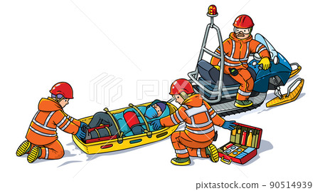 Rescuers snowmobile and rescue sled vector cartoon Rescuers snowmobile and rescue sled vector cartoon 90514939